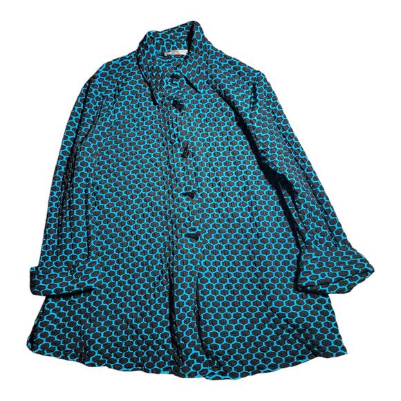Vintage Jackets & Blazers - Vtg Y2K Sole Dione Studio Teal Blue Black Toggle Textured Swing Jacket Sz XL